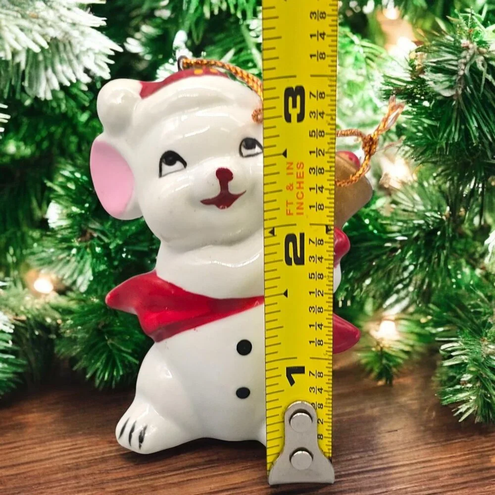 Vtg Ceramic Mouse Christmas Ornament Holding Goldtone Bell 3